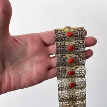 Carica l'immagine nel visualizzatore di Gallery, Antique 15ct Gold Precious Red Coral Bracelet. Victorian/Edwardian Filigree Cuff Bracelet. Etruscan Revival Natural Coral Wide Bracelet.