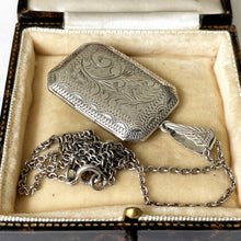 Lade das Bild in den Galerie-Viewer, Vintage 1970s Sterling Silver Rectangular Locket & Belcher Chain. Art Nouveau Style Floral Engraved Photo Frame/Book Locket Pendant Necklace