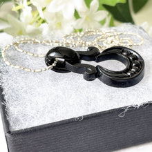 Lade das Bild in den Galerie-Viewer, Antique Victorian Whitby Jet Pendant Necklace. English Carved Jet Wedding Horseshoe Pendant, Silver Bead Chain. Good Luck Fertility Charm.