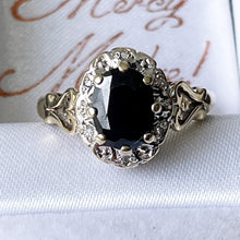 Lade das Bild in den Galerie-Viewer, Vintage 9ct Gold, Sapphire & Diamond Cluster Ring. Classic Sapphire Engagement Ring, Heart Setting. English Edwardian Revival Halo Ring.