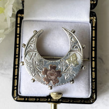 Lade das Bild in den Galerie-Viewer, Victorian Silver & Gold Horseshoe Brooch. Tri Colour Aesthetic Engraved Sweetheart Brooch, 1888. Antique Love Token Lapel/Cravat/Stock Pin