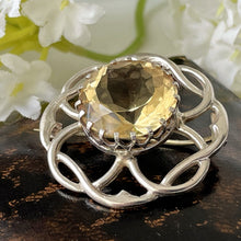 Lade das Bild in den Galerie-Viewer, Vintage Scottish Silver Citrine Brooch. Celtic Knot Cairngorm Brooch, Thomas Ebbutt, Edinburgh. Sterling Silver Eternity/Love Knot Lapel Pin