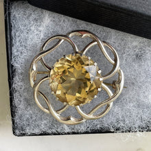 Lade das Bild in den Galerie-Viewer, Vintage Scottish Silver Citrine Brooch. Celtic Knot Cairngorm Brooch, Thomas Ebbutt, Edinburgh. Sterling Silver Eternity/Love Knot Lapel Pin