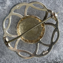 Lade das Bild in den Galerie-Viewer, Vintage Scottish Silver Citrine Brooch. Celtic Knot Cairngorm Brooch, Thomas Ebbutt, Edinburgh. Sterling Silver Eternity/Love Knot Lapel Pin