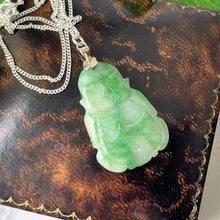 Cargar imagen en el visor de la galería, Vintage Sterling Silver Jade Buddha Pendant & Chain. Carved Apple Green/Moss In Snow Jade Pendant. Silver Good Luck Amulet Charm Necklace