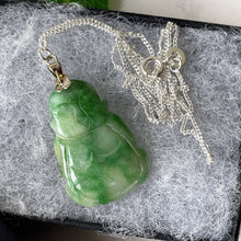 Cargar imagen en el visor de la galería, Vintage Sterling Silver Jade Buddha Pendant & Chain. Carved Apple Green/Moss In Snow Jade Pendant. Silver Good Luck Amulet Charm Necklace