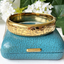 Carica l'immagine nel visualizzatore di Gallery, Antique 12ct Rolled Gold Engraved Bangle, Original Box. Edwardian Floral Engraved 12K Gold Fill Hinged Cuff Bracelet In Antique Jewelry Case