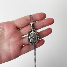 Carica l'immagine nel visualizzatore di Gallery, Vintage Art Nouveau Style English Silver Locket. Antiqued Sterling Silver Vinaigrette Style Pendant Necklace. Silver Openwork Locket & Chain