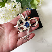 Load image into Gallery viewer, Huge Vintage 1940s Sterling Silver Retro Flower Brooch. Blue Crystal Rhinestone Statement Corsage Pin, Dorsons - Dorel USA. Art Deco Jewelry