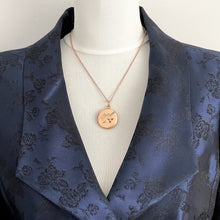 Load image into Gallery viewer, Antique Edwardian Rose Gold Pearl & Ruby Locket. Floral Engraved 9ct Rolled Gold Locket On Chain. Round Photo Locket Pendant Necklace.