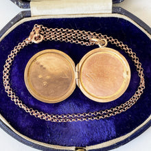 Load image into Gallery viewer, Antique Edwardian Rose Gold Pearl & Ruby Locket. Floral Engraved 9ct Rolled Gold Locket On Chain. Round Photo Locket Pendant Necklace.