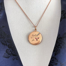Load image into Gallery viewer, Antique Edwardian Rose Gold Pearl & Ruby Locket. Floral Engraved 9ct Rolled Gold Locket On Chain. Round Photo Locket Pendant Necklace.