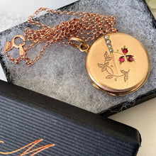 Load image into Gallery viewer, Antique Edwardian Rose Gold Pearl & Ruby Locket. Floral Engraved 9ct Rolled Gold Locket On Chain. Round Photo Locket Pendant Necklace.
