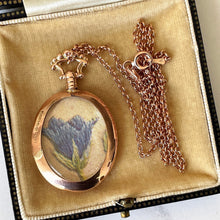Lade das Bild in den Galerie-Viewer, Antique 9ct Rose Gold Picture Locket Necklace. English Edwardian Portrait Pendant, Chester 1915. Double Sided Glass Photo Pendant On Chain