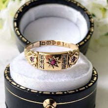 Carica l'immagine nel visualizzatore di Gallery, Antique 18ct Gold Mine Cut Diamond & Ruby Ring, Chester 1903.  Antique Edwardian/Victorian Half Hoop Band, Stacking, Pinky Ring UK P/US 7.75