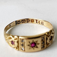 Carica l'immagine nel visualizzatore di Gallery, Antique 18ct Gold Mine Cut Diamond & Ruby Ring, Chester 1903.  Antique Edwardian/Victorian Half Hoop Band, Stacking, Pinky Ring UK P/US 7.75