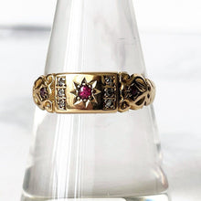 Carica l'immagine nel visualizzatore di Gallery, Antique 18ct Gold Mine Cut Diamond & Ruby Ring, Chester 1903.  Antique Edwardian/Victorian Half Hoop Band, Stacking, Pinky Ring UK P/US 7.75