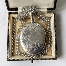 Load image into Gallery viewer, Antique Victorian Aesthetic Engraved Silver Locket Necklace. Large 2-Sided Floral Love Bird Locket With Photo & Chain. Book Chain Locket
