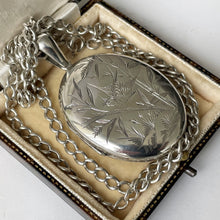 Load image into Gallery viewer, Antique Victorian Aesthetic Engraved Silver Locket Necklace. Large 2-Sided Floral Love Bird Locket With Photo & Chain. Book Chain Locket