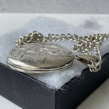 Load image into Gallery viewer, Antique Victorian Aesthetic Engraved Silver Locket Necklace. Large 2-Sided Floral Love Bird Locket With Photo & Chain. Book Chain Locket