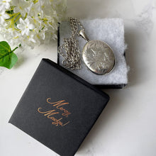 Load image into Gallery viewer, Antique Victorian Aesthetic Engraved Silver Locket Necklace. Large 2-Sided Floral Love Bird Locket With Photo & Chain. Book Chain Locket