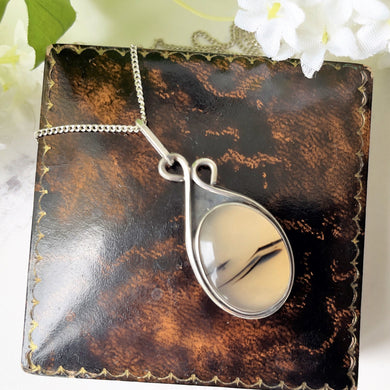 Vintage Dendritic Agate Sterling Silver Pendant Necklace. Scenic Landscape Chalcedony Pendant & Chain. Art Nouveau Style Teardrop Pendant
