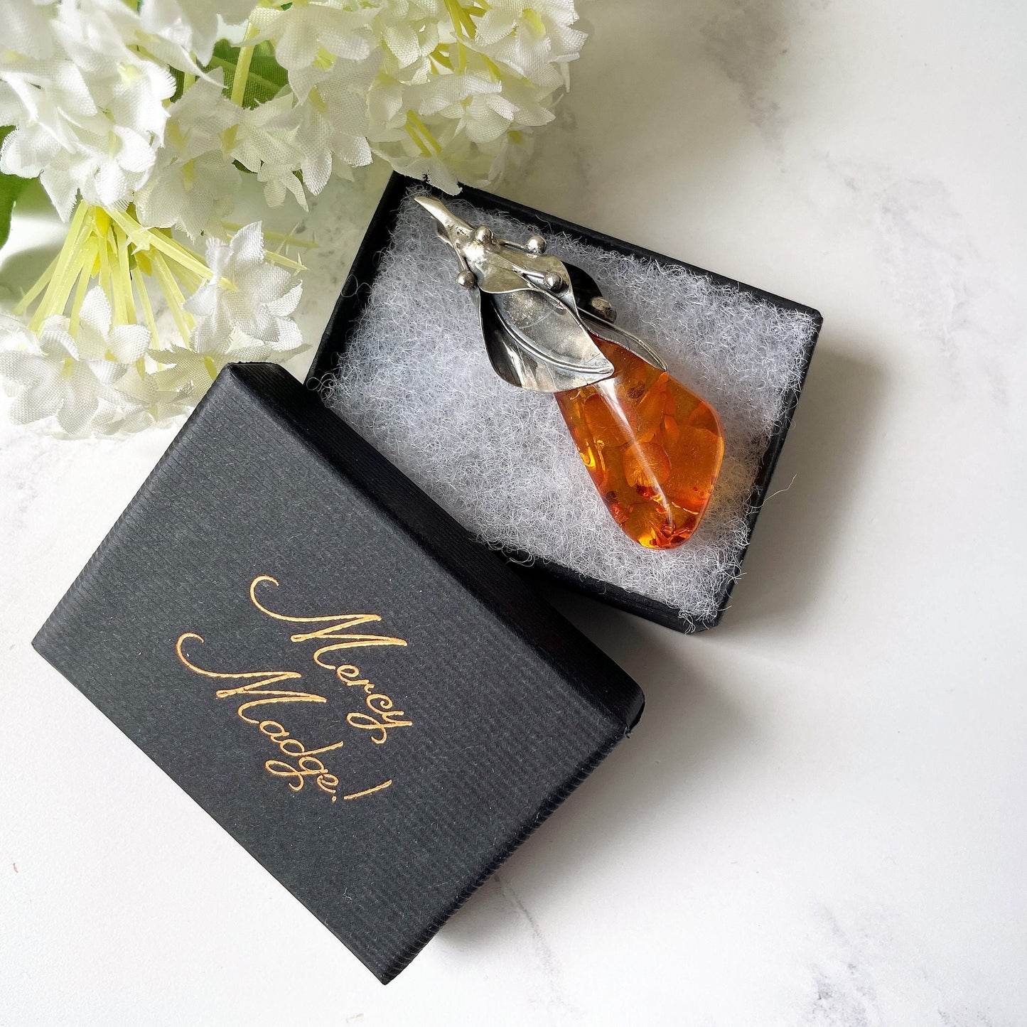 Vintage Art Nouveau Baltic Amber Sterling Silver Pendant. Large Honey Cognac Amber Pendant. Golden Yellow Amber Lily Flower Pendant, Poland