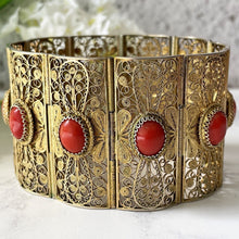 Load image into Gallery viewer, Antique 15ct Gold Precious Red Coral Bracelet. Victorian/Edwardian Filigree Cuff Bracelet. Etruscan Revival Natural Coral Wide Bracelet.
