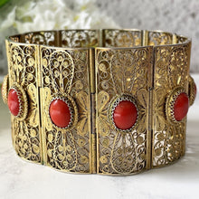 Carica l'immagine nel visualizzatore di Gallery, Antique 15ct Gold Precious Red Coral Bracelet. Victorian/Edwardian Filigree Cuff Bracelet. Etruscan Revival Natural Coral Wide Bracelet.