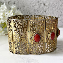 Carica l'immagine nel visualizzatore di Gallery, Antique 15ct Gold Precious Red Coral Bracelet. Victorian/Edwardian Filigree Cuff Bracelet. Etruscan Revival Natural Coral Wide Bracelet.