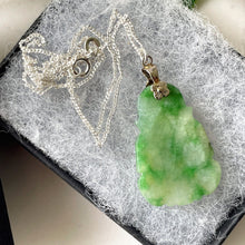 Load image into Gallery viewer, Vintage Sterling Silver Jade Buddha Pendant &amp; Chain. Carved Apple Green/Moss In Snow Jade Pendant. Silver Good Luck Amulet Charm Necklace
