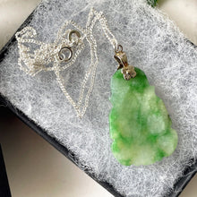 Cargar imagen en el visor de la galería, Vintage Sterling Silver Jade Buddha Pendant & Chain. Carved Apple Green/Moss In Snow Jade Pendant. Silver Good Luck Amulet Charm Necklace