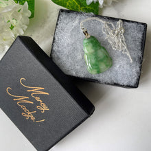 Cargar imagen en el visor de la galería, Vintage Sterling Silver Jade Buddha Pendant & Chain. Carved Apple Green/Moss In Snow Jade Pendant. Silver Good Luck Amulet Charm Necklace