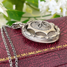 Carica l'immagine nel visualizzatore di Gallery, Vintage Art Nouveau Style English Silver Locket. Antiqued Sterling Silver Vinaigrette Style Pendant Necklace. Silver Openwork Locket & Chain