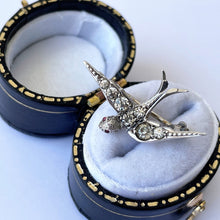Cargar imagen en el visor de la galería, Antique Paste Diamond & Ruby Miniature Swallow Brooch, Chester 1902 . Edwardian Sterling Silver Lapel/Tie/Cravat Pin. Sweetheart's Love Bird