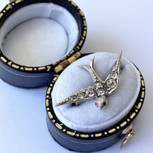 Cargar imagen en el visor de la galería, Antique Paste Diamond & Ruby Miniature Swallow Brooch, Chester 1902 . Edwardian Sterling Silver Lapel/Tie/Cravat Pin. Sweetheart's Love Bird