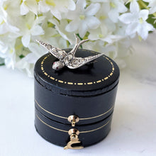 Cargar imagen en el visor de la galería, Antique Paste Diamond & Ruby Miniature Swallow Brooch, Chester 1902 . Edwardian Sterling Silver Lapel/Tie/Cravat Pin. Sweetheart's Love Bird