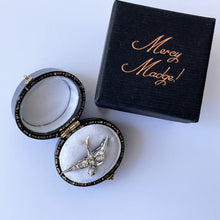 Cargar imagen en el visor de la galería, Antique Paste Diamond & Ruby Miniature Swallow Brooch, Chester 1902 . Edwardian Sterling Silver Lapel/Tie/Cravat Pin. Sweetheart's Love Bird