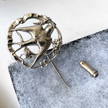 Lade das Bild in den Galerie-Viewer, Antique Art Nouveau Silver Love Bird Lapel Pin. Edwardian/Victorian Sterling Silver Sweetheart Brooch. Swallow & Ribbon Cravat/Stock Pin