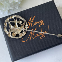 Lade das Bild in den Galerie-Viewer, Antique Art Nouveau Silver Love Bird Lapel Pin. Edwardian/Victorian Sterling Silver Sweetheart Brooch. Swallow & Ribbon Cravat/Stock Pin