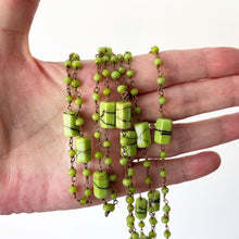 Carica l'immagine nel visualizzatore di Gallery, Antique Art Deco 53" Long Beaded Chain Necklace. 1920s Lime Green & Chocolate Brown Flapper Necklace. Hexagon Cut Tube Bead Rope Necklace.
