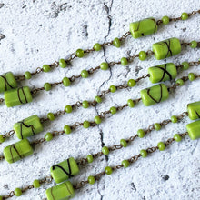 Carica l'immagine nel visualizzatore di Gallery, Antique Art Deco 53" Long Beaded Chain Necklace. 1920s Lime Green & Chocolate Brown Flapper Necklace. Hexagon Cut Tube Bead Rope Necklace.