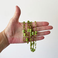 Carica l'immagine nel visualizzatore di Gallery, Antique Art Deco 53" Long Beaded Chain Necklace. 1920s Lime Green & Chocolate Brown Flapper Necklace. Hexagon Cut Tube Bead Rope Necklace.