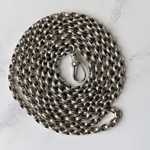 Carica l'immagine nel visualizzatore di Gallery, Antique Victorian Heavy Silver Guard Chain. 56" Double Link Belcher Long Chain Necklace. Antique Sterling Silver Sautoir Necklace & Dog Clip