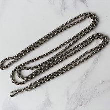 Carica l'immagine nel visualizzatore di Gallery, Antique Victorian Heavy Silver Guard Chain. 56" Double Link Belcher Long Chain Necklace. Antique Sterling Silver Sautoir Necklace & Dog Clip