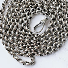 Carica l'immagine nel visualizzatore di Gallery, Antique Victorian Heavy Silver Guard Chain. 56" Double Link Belcher Long Chain Necklace. Antique Sterling Silver Sautoir Necklace & Dog Clip