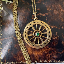 Carica l'immagine nel visualizzatore di Gallery, Antique Edwardian Demantoid Garnet Pinwheel Pendant Necklace. Art Nouveau 12ct Yellow Rolled Gold & Green Garnet Circle Pendant On Chain.