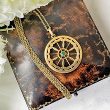 Carica l'immagine nel visualizzatore di Gallery, Antique Edwardian Demantoid Garnet Pinwheel Pendant Necklace. Art Nouveau 12ct Yellow Rolled Gold & Green Garnet Circle Pendant On Chain.