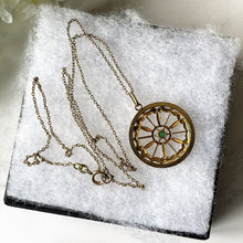 Carica l'immagine nel visualizzatore di Gallery, Antique Edwardian Demantoid Garnet Pinwheel Pendant Necklace. Art Nouveau 12ct Yellow Rolled Gold & Green Garnet Circle Pendant On Chain.