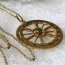 Carica l'immagine nel visualizzatore di Gallery, Antique Edwardian Demantoid Garnet Pinwheel Pendant Necklace. Art Nouveau 12ct Yellow Rolled Gold & Green Garnet Circle Pendant On Chain.